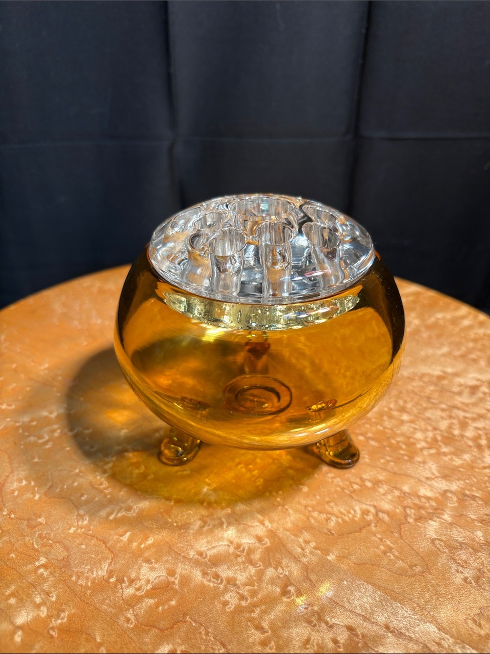 Vintage MCM Viking Glass Amber Flowerlite - 3-Footed Rose Bowl with Flower Frog